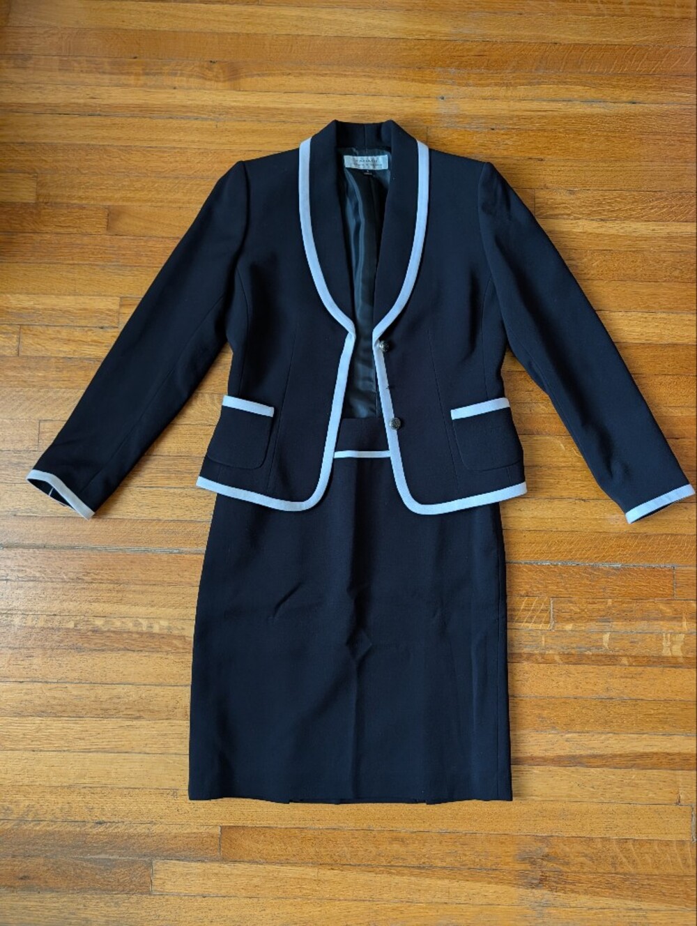 Tahari Vintage Black Women’s Matching Blazer and Skirt with White Trim